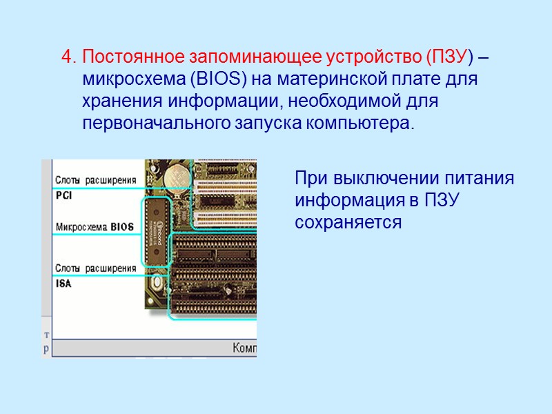 4. Постоянное запоминающее устройство (ПЗУ) – микросхема (BIOS) на материнской плате для хранения информации,
